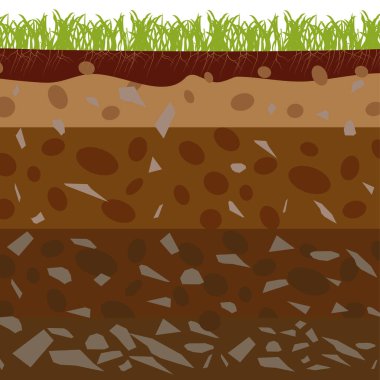 Toprak katmanları toprak dokusunu, taşları gösteriyor. Üzerinde yeşil çimenler olan bir yer. Mineral parçacıkları, kum, humus ve taşlar, doğal gübre. Jeoloji bilgi grafikleri. Çocuklar için eğitim. Vektör illüstrasyonu