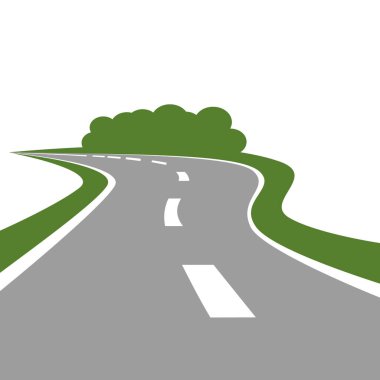 Yeşil çimenli yol kenarı ve beyaz arka planda izole kıvırcık çalıları olan sarmal asfalt yol ikonu. Seyahat veya ulaşım teması için