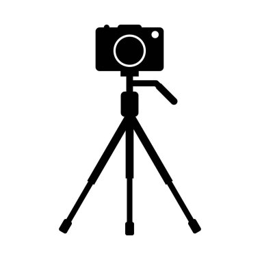 Moda siluet tarzında üç ayaklı ikon üzerinde kamera. Vektör illüstrasyonu beyaz arkaplanda izole edildi.