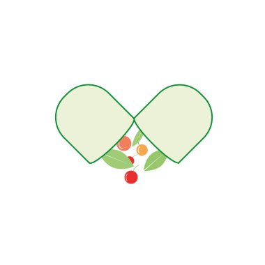 Yapraklı ve meyveli açık yeşil hap. Doğal tıp kavramı, eczane, ilk yardım, hasta, bilim, diyet. Moda düz stil logosu, marka tasarımı, beyaz arkaplanda vektör illüstrasyonu.