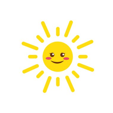Cute cartoon sun character with kawaii face. Simple doodle yellow mascot isolated on white background. Flat hand drawn icon.