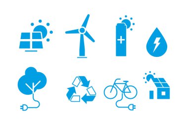 Ekoloji ikonu hazır. Çevre, sürdürülebilirlik, doğa, geri dönüşüm, yenilenebilir enerji; elektrikli bisiklet, çevre dostu, orman, rüzgar enerjisi, yeşil sembol. Solid simge vektör koleksiyonu.