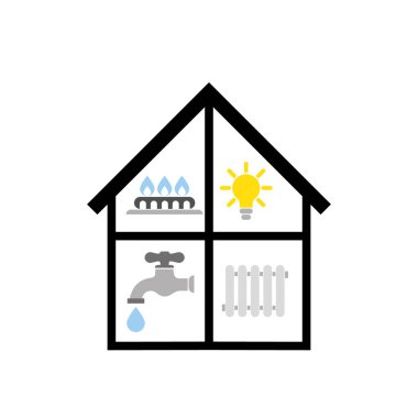 Faturalar ev tabelasında düz bir şekilde simgeleşiyor: su, gaz, aydınlatma, ısıtma. Kamu ödemeleri işaretleri vektörünü ayarla