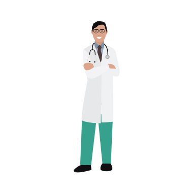 Beyaz önlüklü genç doktorlar güvenle ayakta duruyorlar.