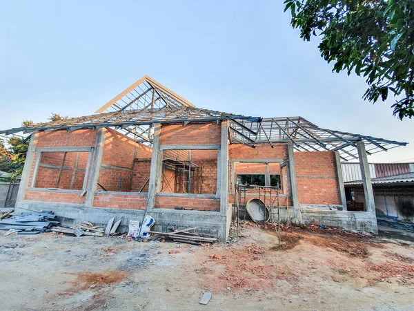 Casa Sitio Construcción Utilice Ladrillos Rojos Como Una Pared Con — Foto de Stock