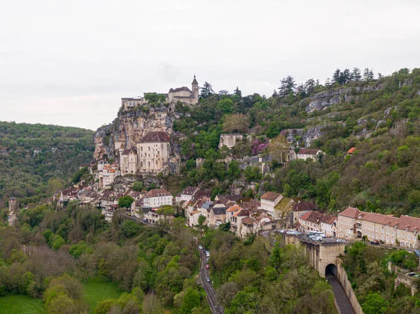 stock image Aerial view of Beautiful village Rocamadour in Lot department, southwest France. Its Sanctuary of the Blessed Virgin Mary, has for centuries attracted pilgrims.