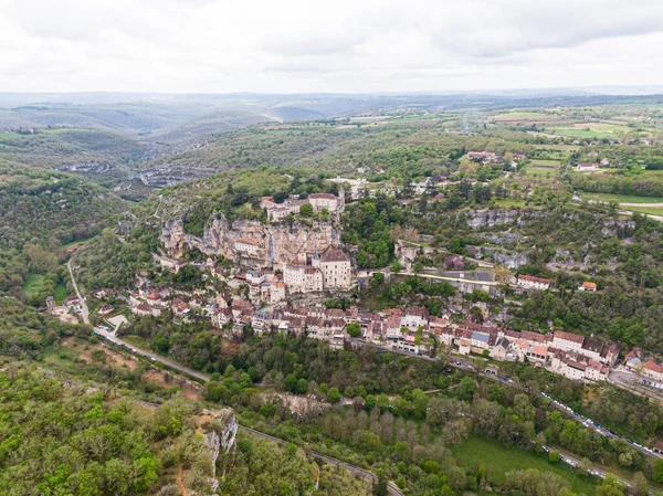 Letecký Pohled Krásnou Vesnici Rocamadour Departementu Lot Jihozápadní Francie Jeho — Stock fotografie