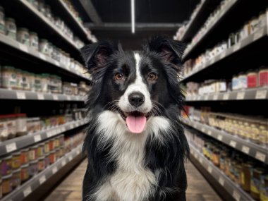Bir evcil hayvan dükkanındaki yemek raflarının önünde soluk soluğa kalan bir çoban köpeği. Arka plan bulanık ve karanlık..