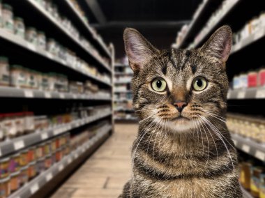 Kedi, evcil hayvan süpermarketinde yemek rafının önünde ve ortasında kameraya bakıyor. Arka plan bulanık ve karanlık..