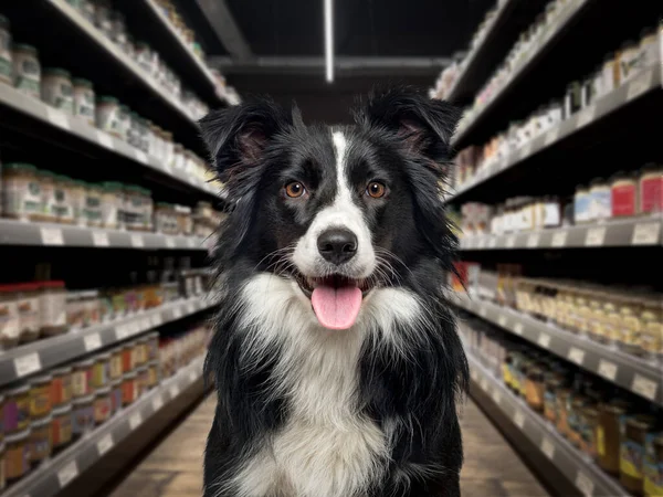 边境牧羊犬喘息着 看着摄像机 在宠物店的食品货架前 背景是模糊和黑暗的 — 图库照片