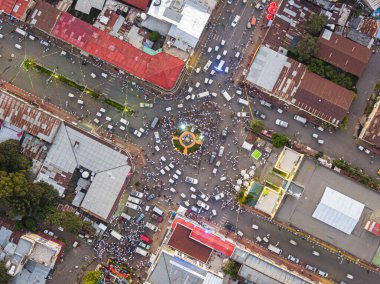 Aerial view of the city centre of Gondar with a lot of car and pedestrian traffic, Ethiopia, Africa