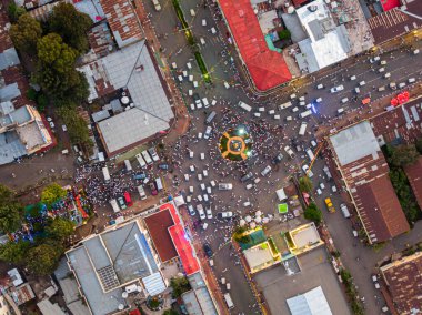 Aerial view of the city centre of Gondar with a lot of car and pedestrian traffic, Ethiopia, Africa