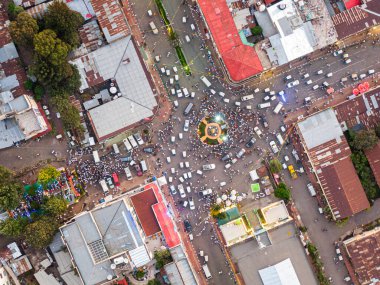 Aerial view of the city centre of Gondar with a lot of car and pedestrian traffic, Ethiopia, Africa