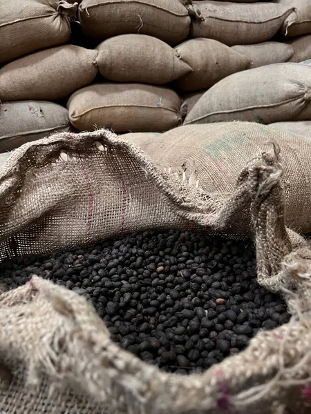 Textile Bag Filled Roasted Coffee Beans Waiting Sold Sidama Ethipoia — Stock Photo, Image