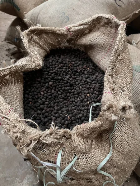 Textile Bag Filled Roasted Coffee Beans Waiting Sold Sidama Ethipoia — Fotografia de Stock