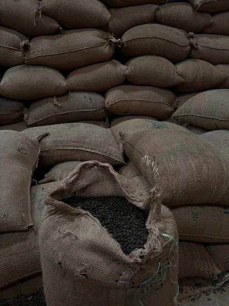 塞满烘烤咖啡豆的纺织品袋等待出售 Sidama Ethipoia — 图库照片