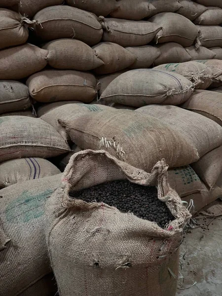 Textile Bag Filled Roasted Coffee Beans Waiting Sold Sidama Ethipoia — 图库照片