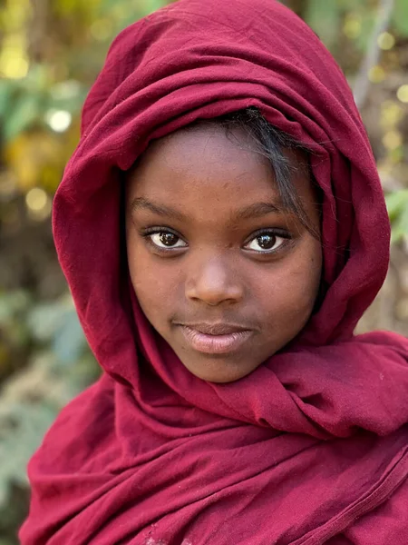 2023年1月12日エチオピア ズリア 紫色のベールを着てカメラを見るエチオピアのイスラム教徒の少女の肖像 — ストック写真