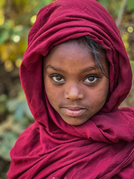 2023年1月12日 埃塞俄比亚 祖利亚 一名埃塞俄比亚穆斯林女孩头戴紫色面纱 看着相机的肖像 — 图库照片