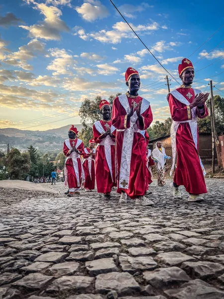Gondar Ethiopia January 2023 Group Young Orthodox Priests Walking Streets — Stock Photo, Image