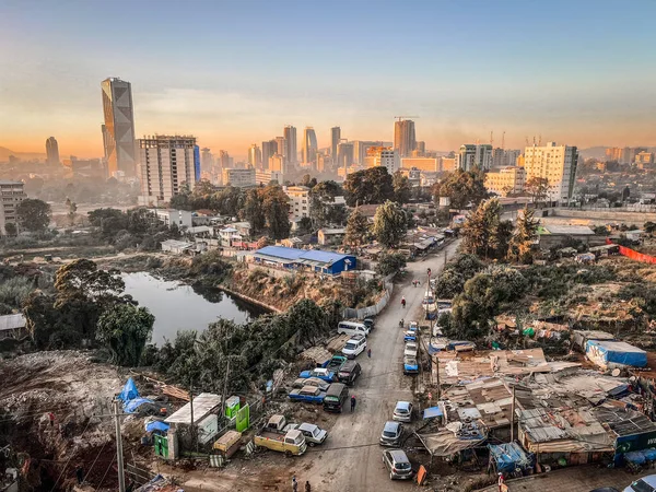 Etiyopya Nın Başkenti Addis Abeba Nın Hava Görüntüsü Planda Şehir — Stok fotoğraf