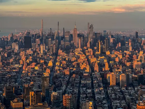 Flygfoto Panoramautsikt Över New Yorks Skyline Vintersolnedgång Från One World — Stockfoto