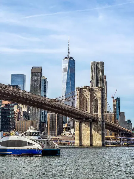 Zicht Beroemde Skyline Van New York Centrum Met Brooklyn Bridge — Stockfoto