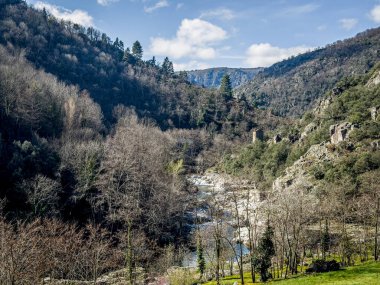 Scenic view of a tranquil Altier river  flowing through a lush valley with verdant forested hills and clear skies, Pied-de-Borne, Lozere, Cevenne, France,  clipart