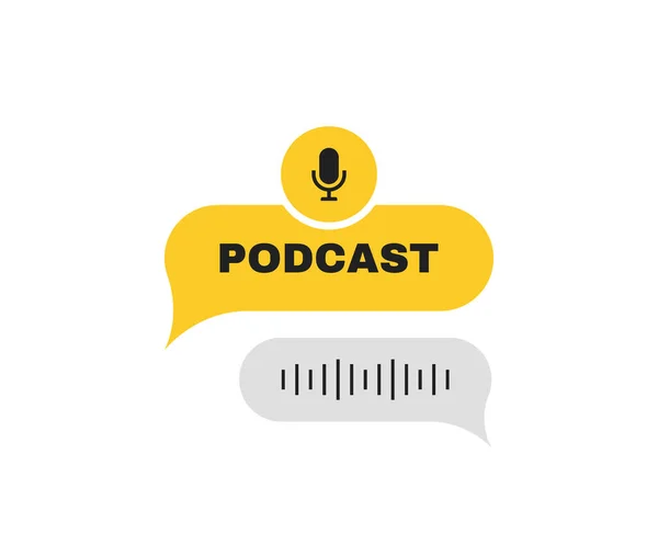 Mesaj Baloncukları Üzerinde Mikrofon Amblemi Ses Dalgalarıyla Podcast Etiketi Logo — Stok Vektör