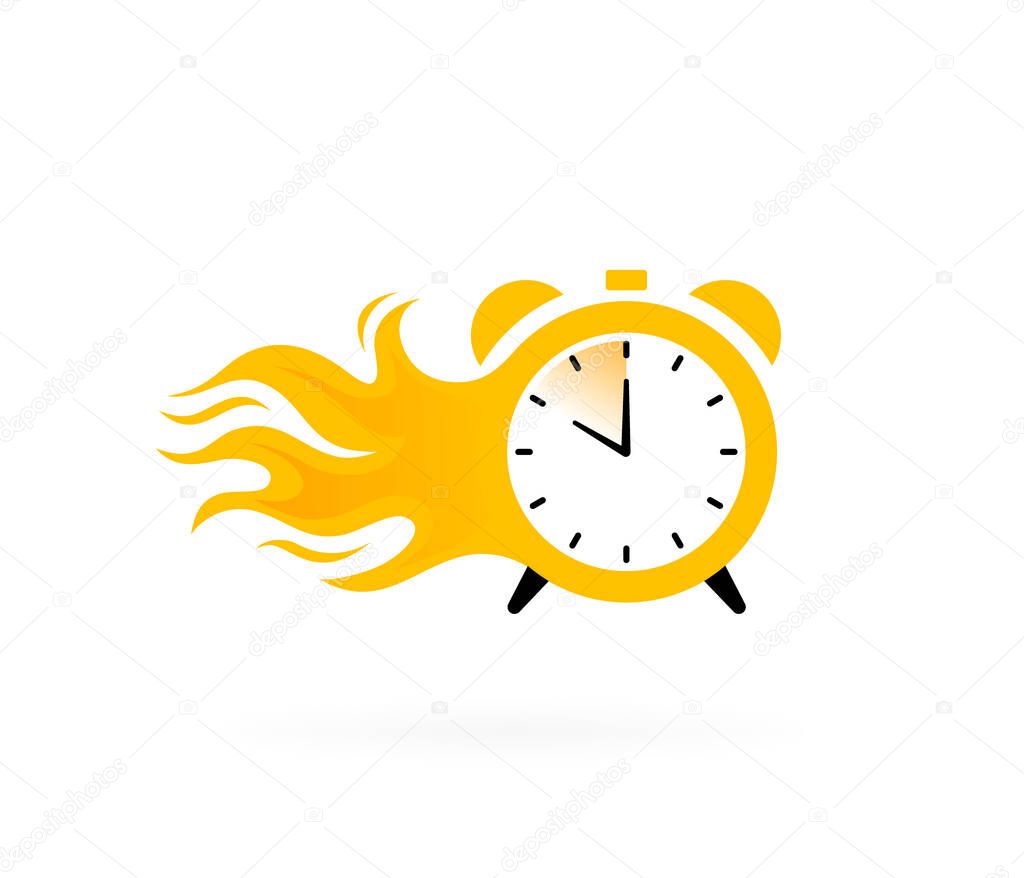 Flaming alarm clock label. Timer in flames. Geometric flat banner. Modern vector illustration.