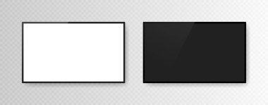 Şeffaf arkaplanda izole edilmiş iki gerçekçi televizyon ekranı. 3D boş televizyon monitörü. Vektör illüstrasyonu.