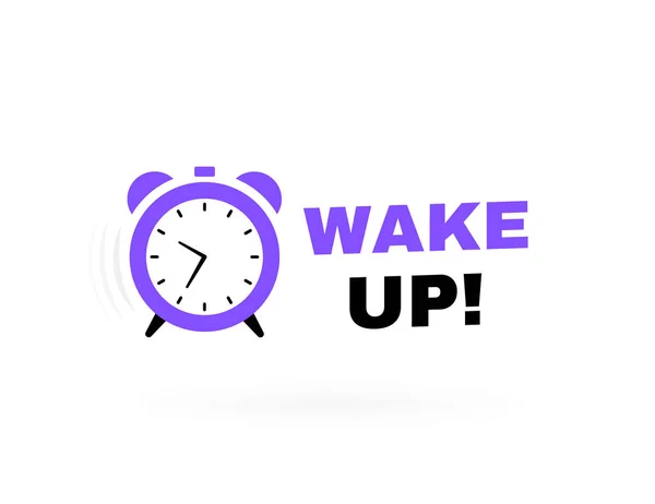 目覚まし時計で幾何学的なバッジを目覚めさせます 立ち上がる時間だ 現代のベクターイラスト — ストックベクタ