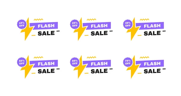 Flash Verkoop Tags Badges Procent Korting Label Met Bliksemschicht Banner — Stockvector