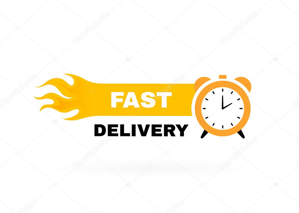 Fast delivery badge with stopwatch label and fire. Banner template design for shipping, delivery and moving company. Vector illustration.