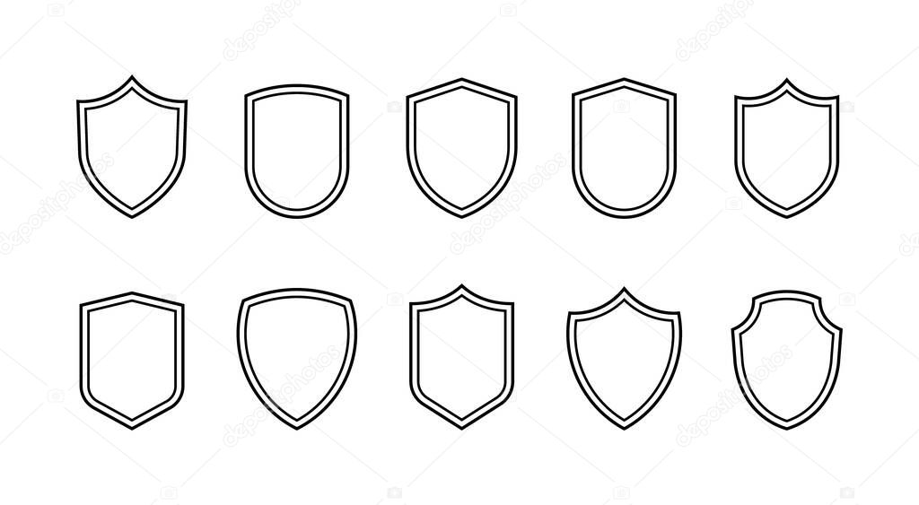 Shield line badges set. Emblems template for prottection, sport club, military and security coat of arms. Vector illustration.