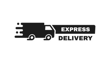 Kamyonetli ekspres teslimat kartı. Logo tasarımı. Banner nakliye, teslimat ve nakliye şirketi için şablon tasarımı. Modern vektör illüstrasyonu.