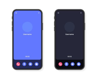 Cep telefonu görüntülü konuşma ekranı arayüzü, görüntülü konuşma, sosyal medya ve iletişim için. Akıllı telefon modelleme şablonu. Vektör illüstrasyonu.