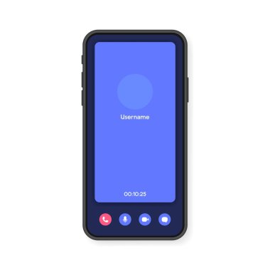 Cep telefonu görüntülü konuşma ekranı arayüzü, görüntülü konuşma, sosyal medya ve iletişim için. Akıllı telefon modelleme şablonu. Vektör illüstrasyonu.