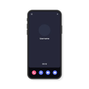 Cep telefonu görüntülü konuşma ekranı arayüzü, görüntülü konuşma, sosyal medya ve iletişim için. Akıllı telefon modelleme şablonu. Vektör illüstrasyonu.