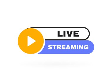 Çalma düğmesi amblemli canlı yayın rozeti. Logo tasarımı. Vektör illüstrasyonu.