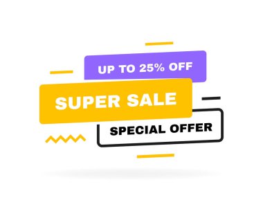 Geometrik elementli süper satış afişi tasarımı. % 25 'e kadar indirimli. Bayraklar iş, promosyon, satış ve reklam için tasarım şablonu. Vektör illüstrasyonu.