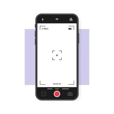 Kayıt kameralı cep telefonu. Görüntü bulucu şablonu. 4K telefon çözünürlüklü video görüntüsü. Video kayıt ekranı. Vektör grafik tasarımı.