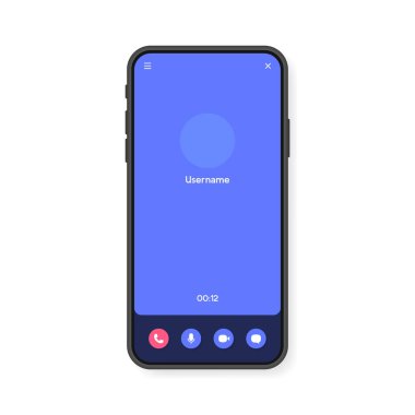 Cep telefonu görüntülü konuşma ekranı arayüzü, görüntülü konuşma, sosyal medya ve iletişim için. Akıllı telefon modelleme şablonu. Vektör illüstrasyonu.