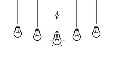 Yaratıcı bir fikir. Ampullerin üstünde asılı duran bir set. Kablolu ampul ve yıldırım. Vektör yanılsaması.