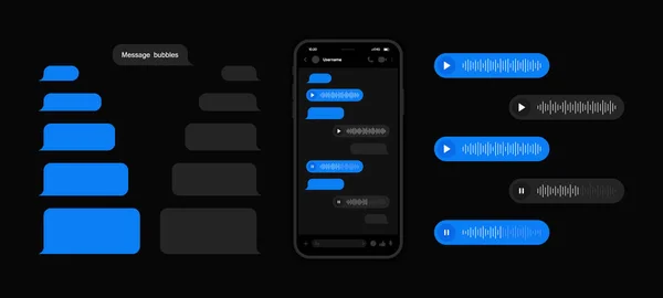 Messenger Concept Con Interfaz Oscura Teléfono Inteligente Con Pantalla Chat — Vector de stock