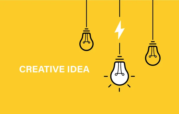 創造的なアイデア 電球の上からぶら下がりのセット ケーブルと稲妻と電球 ベクトル図 — ストックベクタ