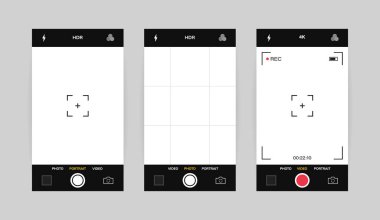 Telefon kamerası arayüzü dikey görüntüsü. Mobil uygulama uygulaması. Fotoğraf ve video çekimi. Vektör illüstrasyon grafik tasarımı.
