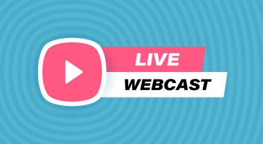 Canlı webcast rozet tasarımı, geometrik arkaplanda mavi renklerle izole edilmiş oynat düğmesi. Modern düz biçim vektör illüstrasyonu.