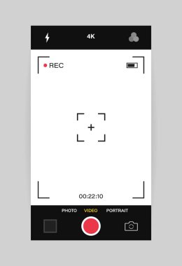Telefon kamerası arayüzü dikey görüntüsü. Mobil uygulama uygulaması. Video çekimi. Vektör illüstrasyon grafik tasarımı.