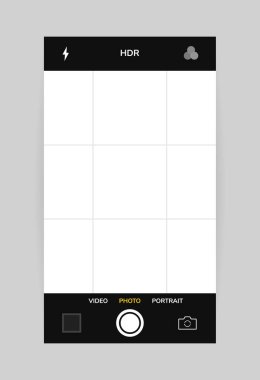 Telefon kamerası arayüzü dikey görüntüsü. Mobil uygulama uygulaması. Fotoğraf çekimi. Vektör illüstrasyon grafik tasarımı.